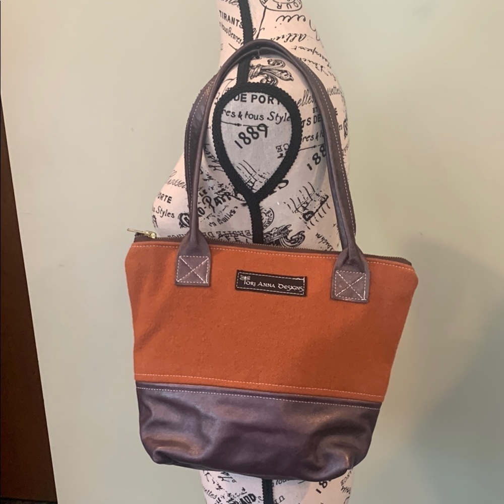 Tori Anna Designs Orange Wool and Brown Leather Shoulder Bag Purse